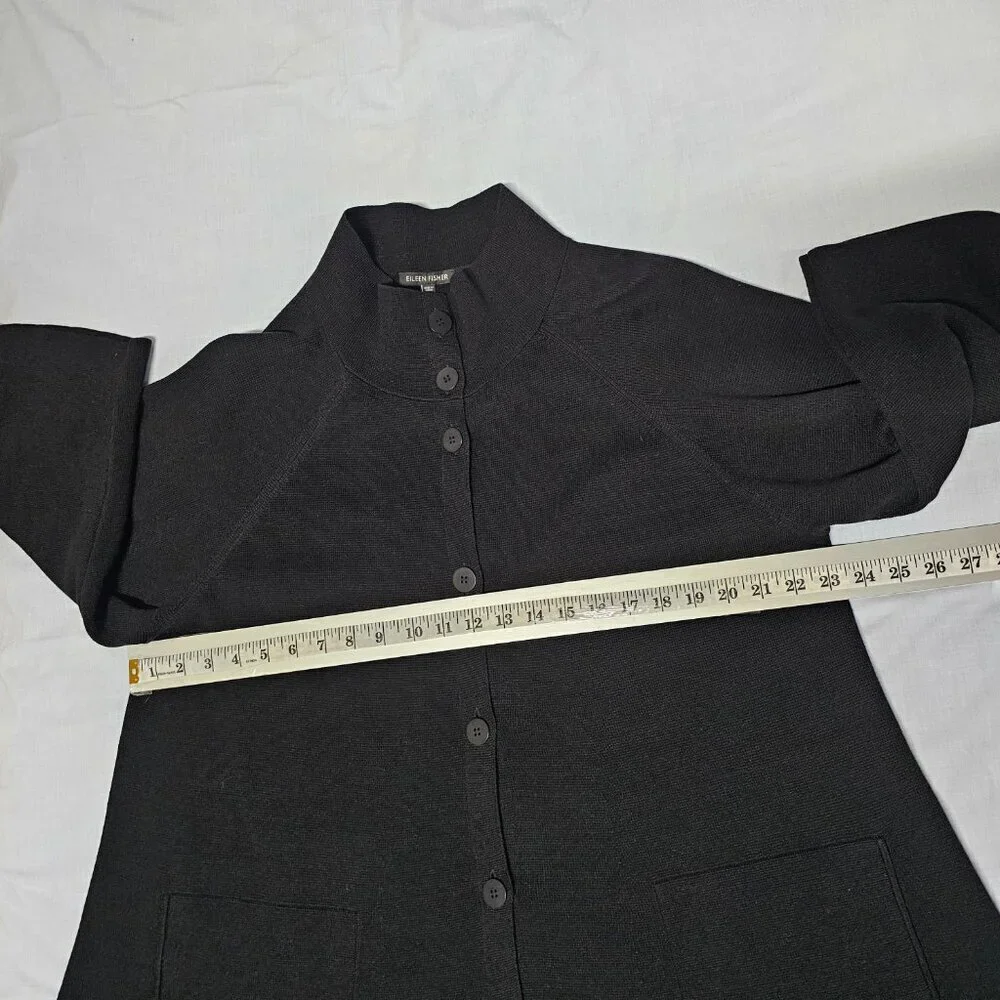 Eileen Fisher Button Up Mock Neck Kimono Jacket Women Size L Black Silk/Cotton